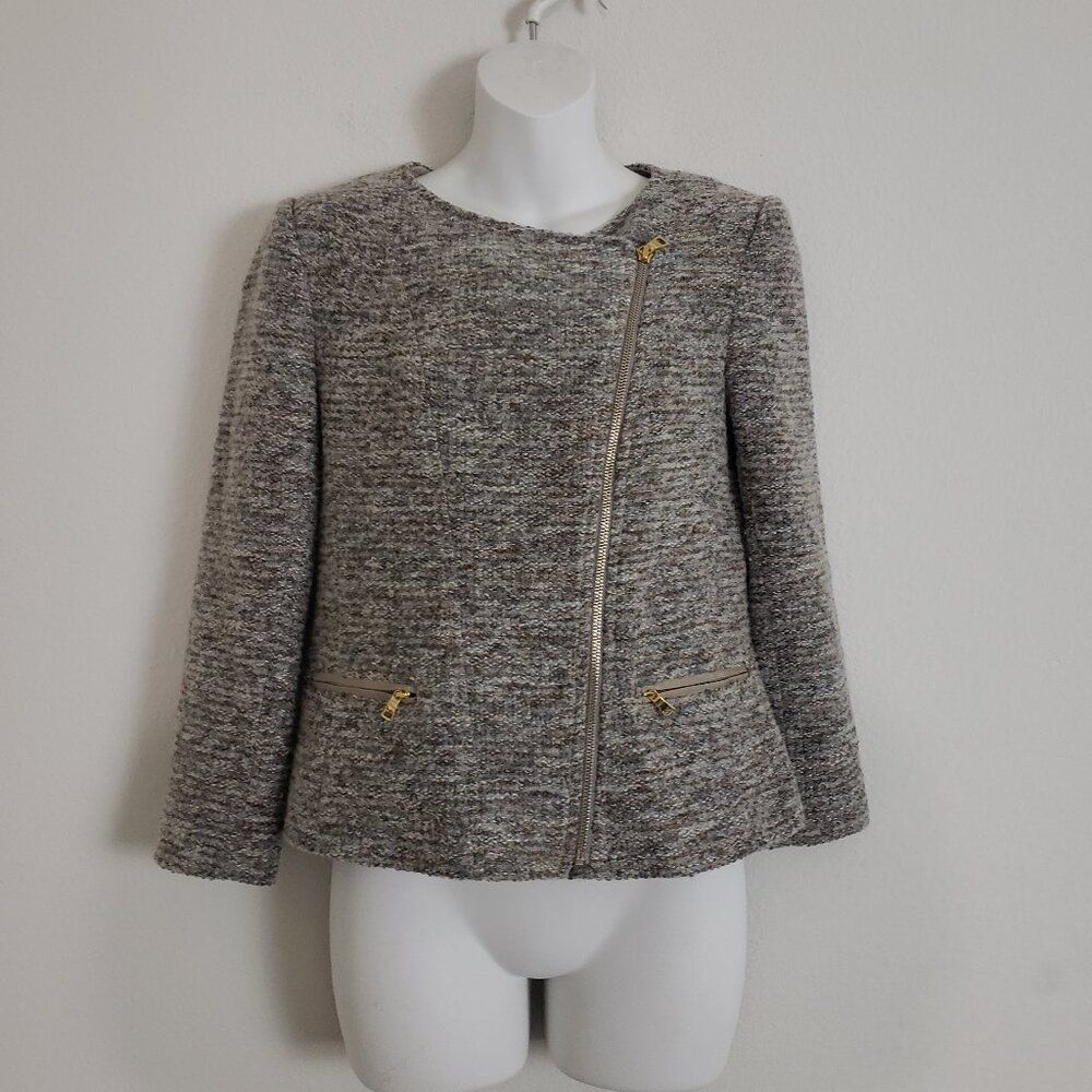 Ann Taylor Tweed Jacket Asymmetrical Zipper 2P Gray Business Office Corporate